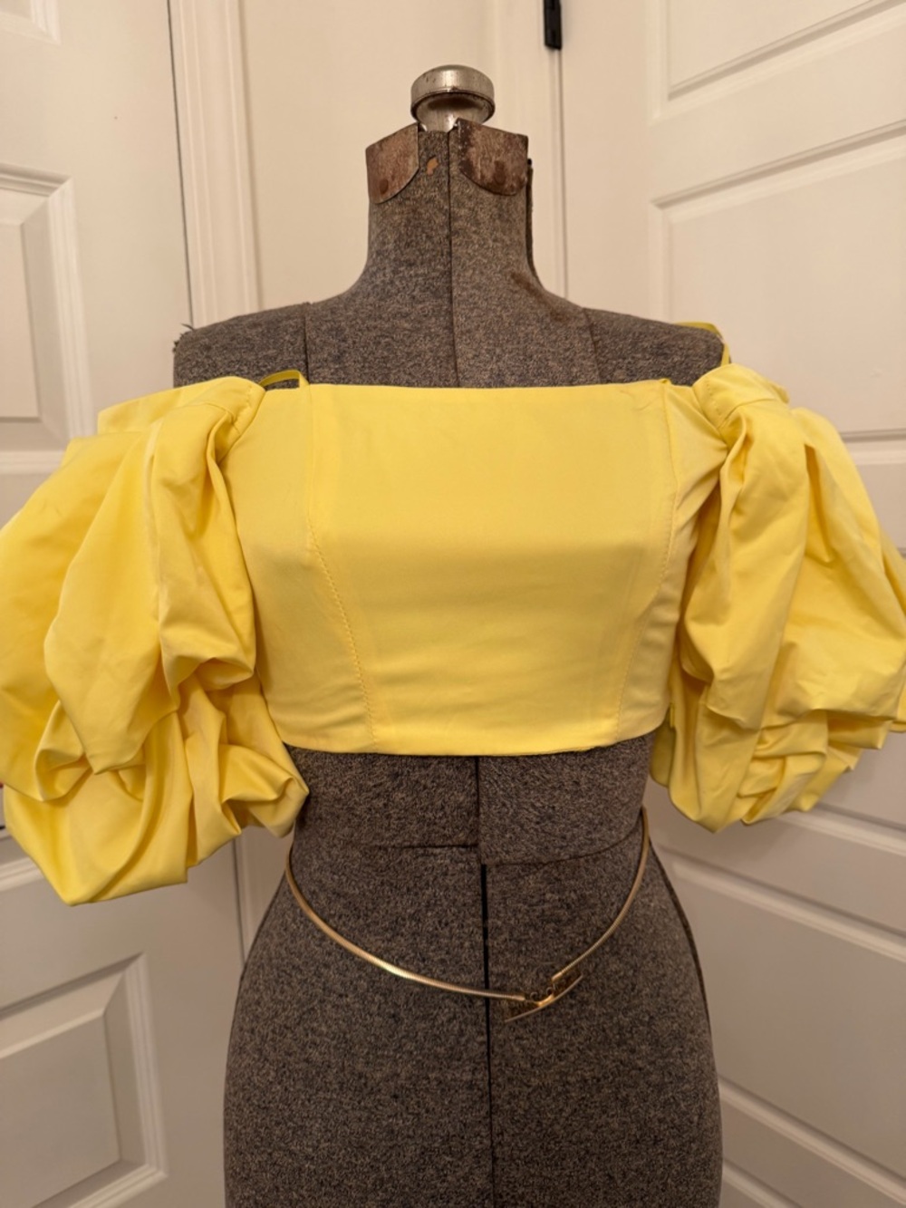 Yellow Puff-Sleeve Off-Shoulder Crop Top